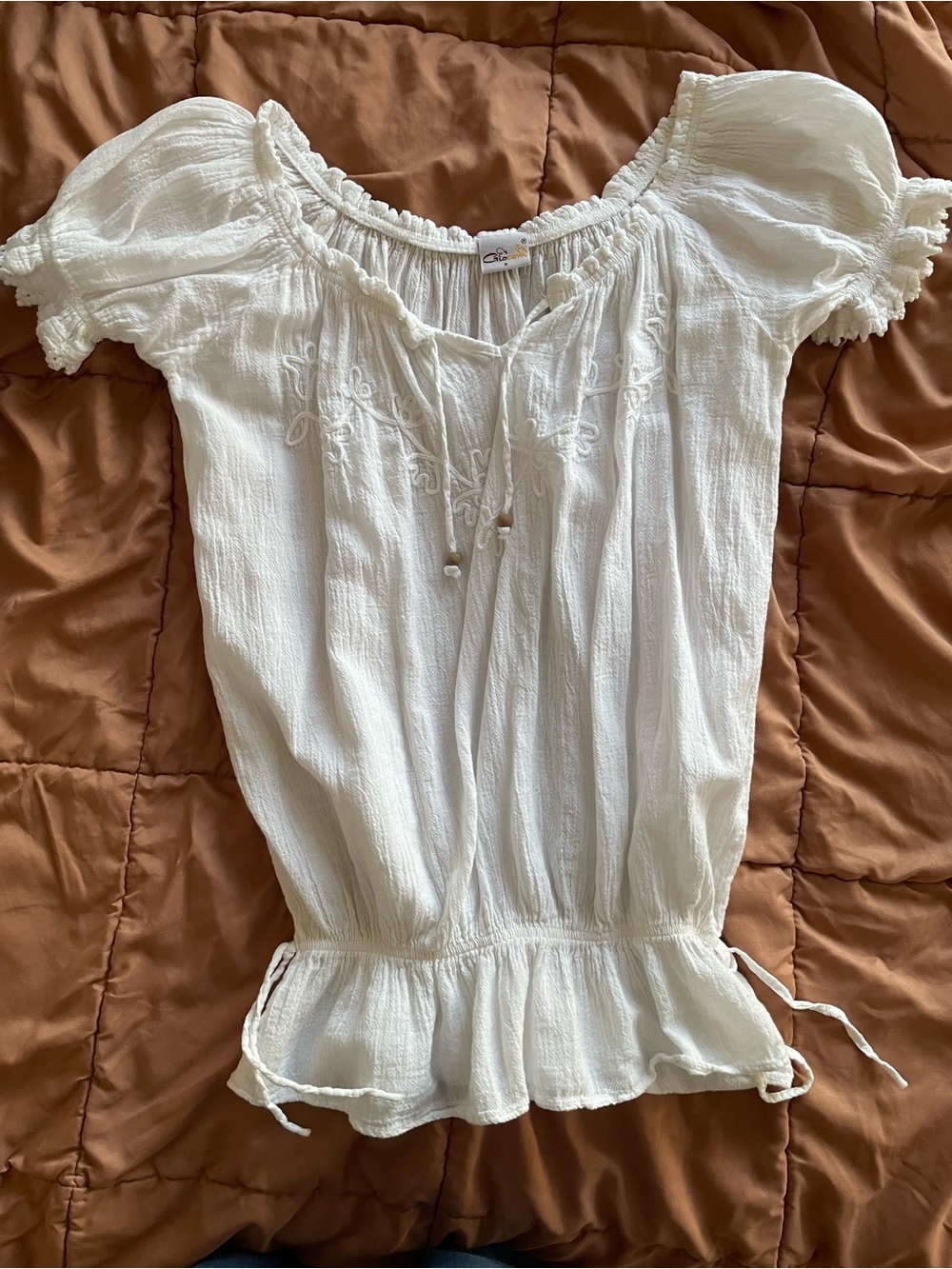 Vintage Boho White Peasant Top with Embroidered Yoke